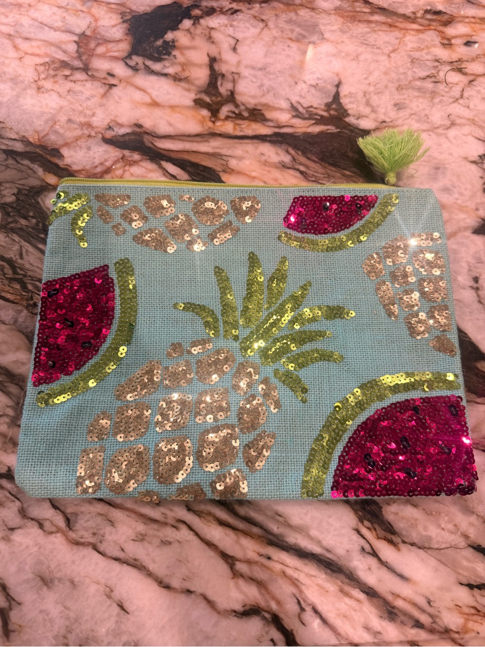 Mud Pie Aqua and Lime Zip Pouch with Pink Accent